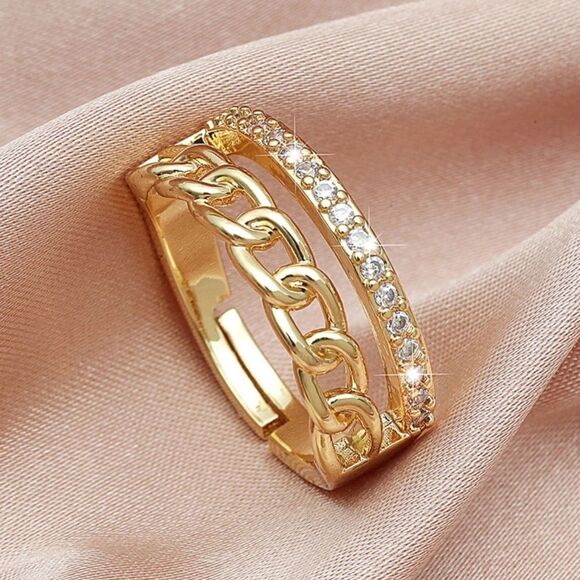 Stainless Steel Rhinestone Chunky Chain Ring Minimalist Adjustable Twisted - Picture 1 of 4